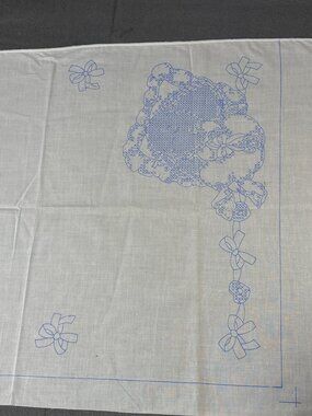 Stamped Cross Stitch Table Runner Fabric 23"x16" Blue Ribbons Hearts Pattern